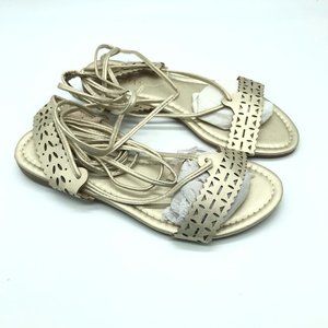 Mudan Womens Sandals Faux Leather Lace Up Metallic Gold Laser Cut Size 6